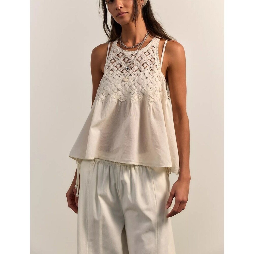 Free People Wandering Light Blouse Top Lace Cutout Sleeveless Cotton M 288443